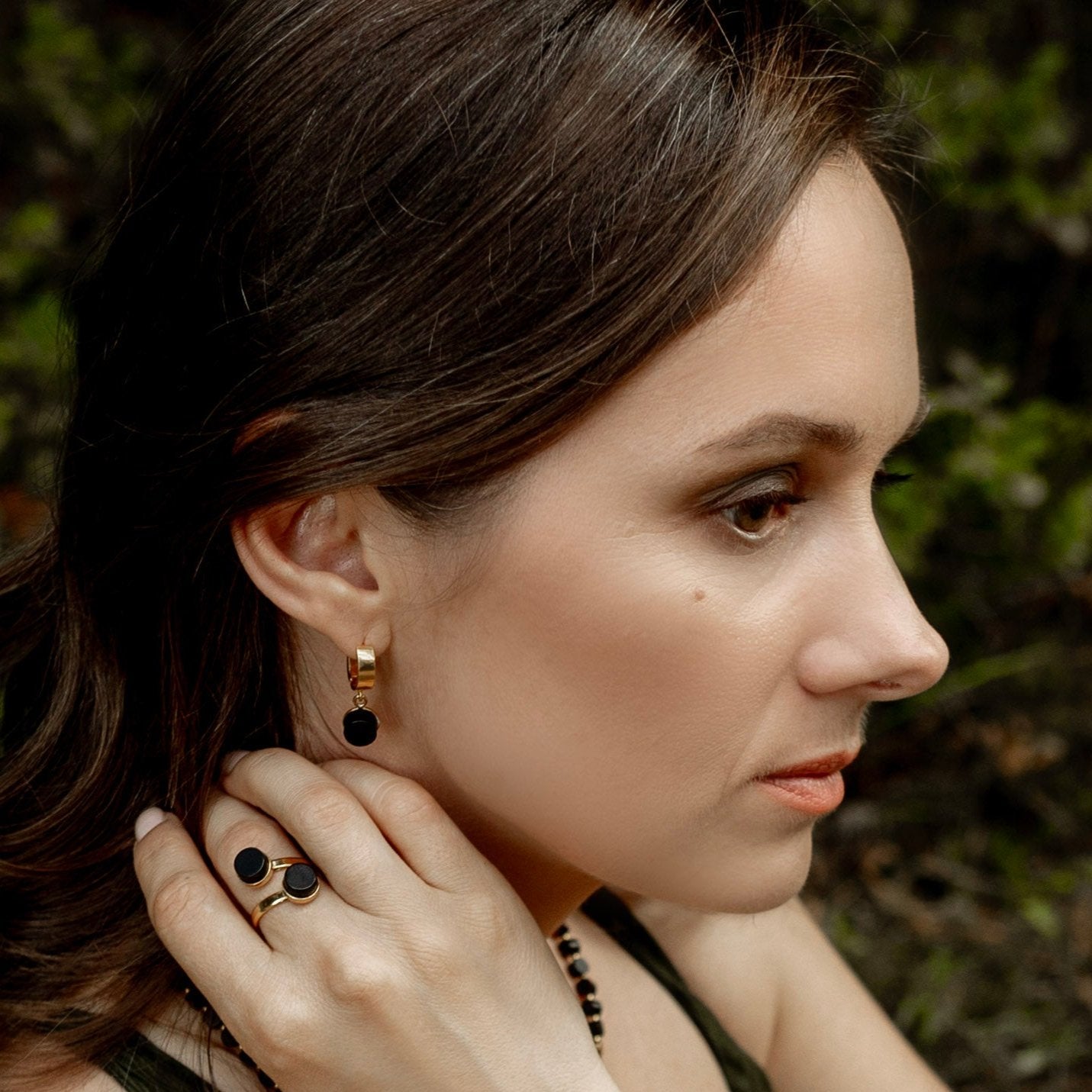 Black Amber Elegance: Sophisticated Tablet Bead Earrings "FOREST PEARLS"