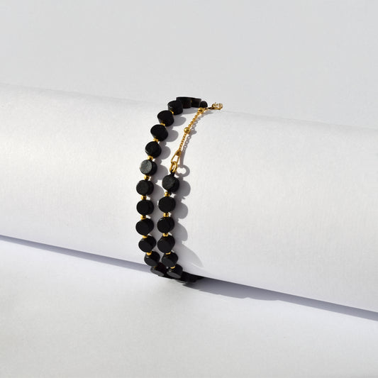 Double Black Amber Tablet Beads Bracelet: Stylish Soft Elegance