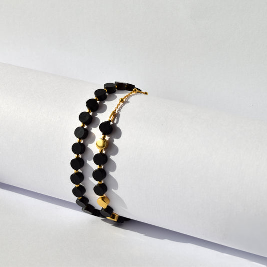 Double Black Amber Tablet Bead Bracelet: Subtly Luxurious Elegance