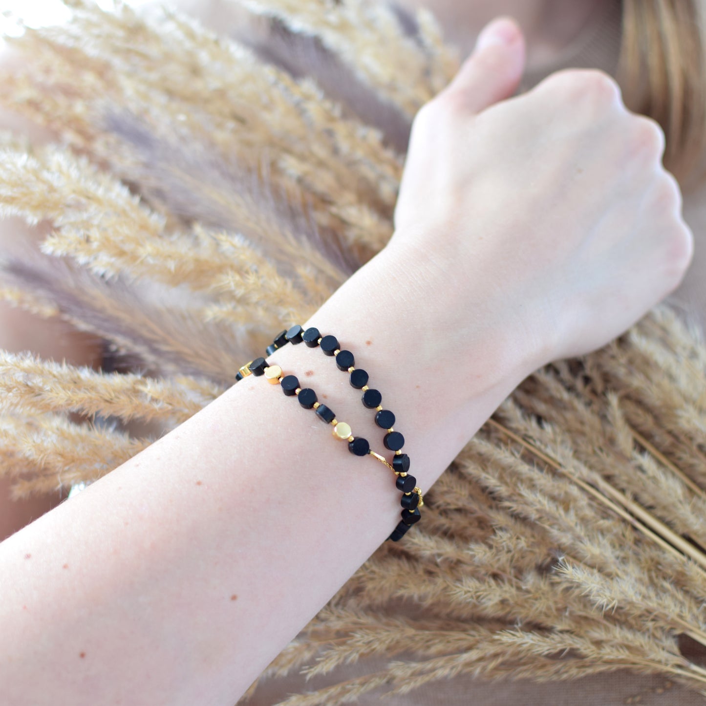 Double Black Amber Tablet Bead Bracelet: Subtly Luxurious Elegance
