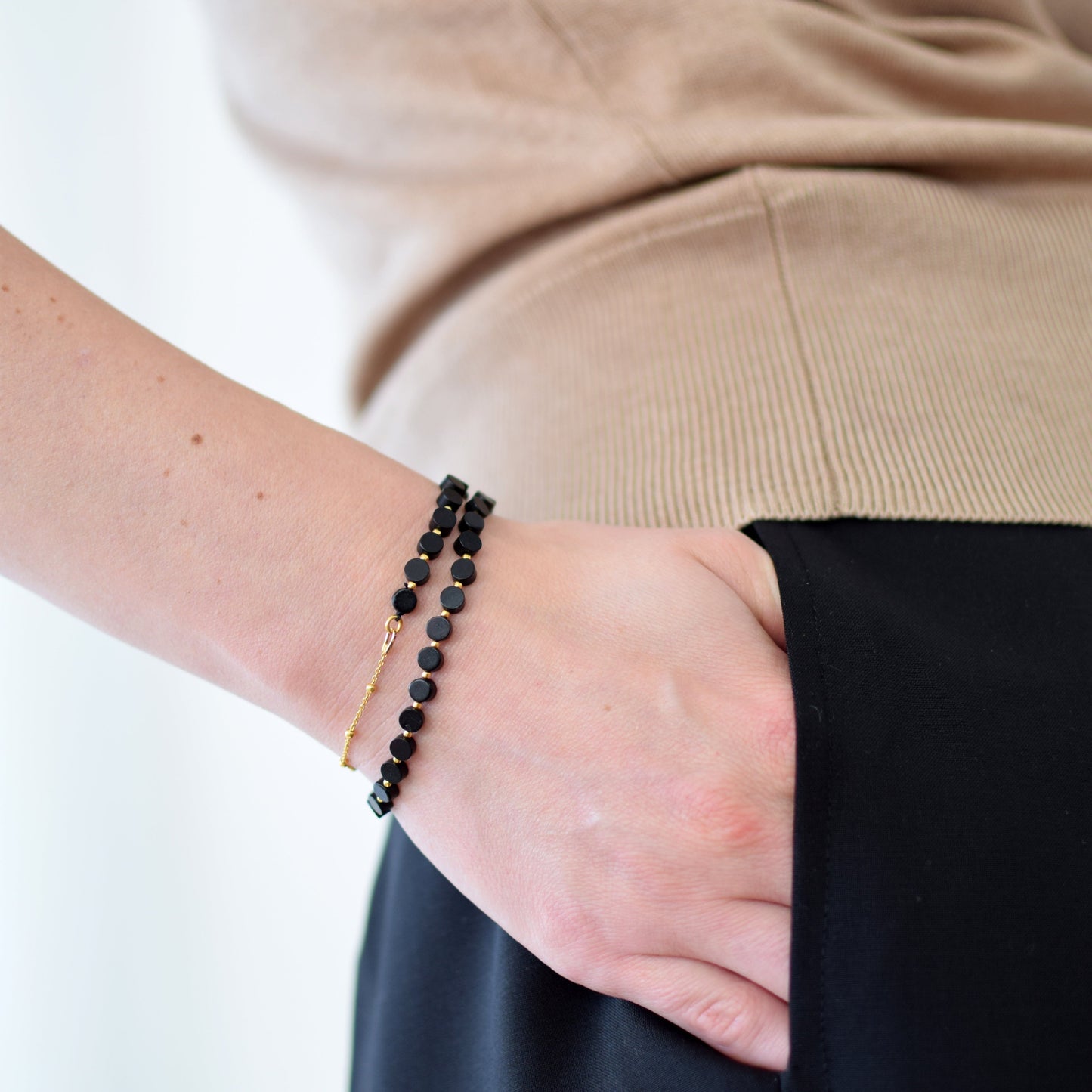 Double Black Amber Tablet Beads Bracelet: Stylish Soft Elegance
