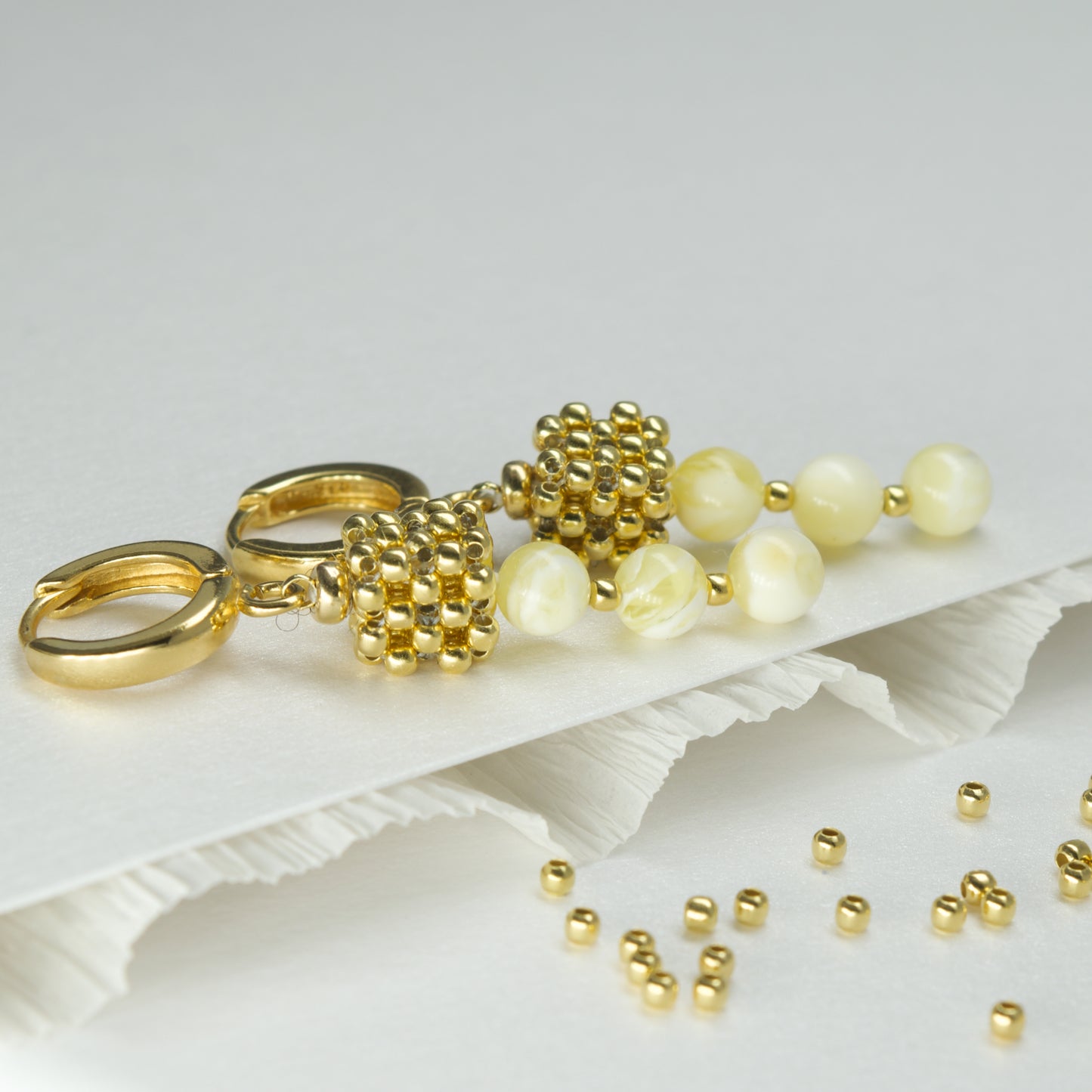 White Amber and Gold Plated Silver Cube Earrings