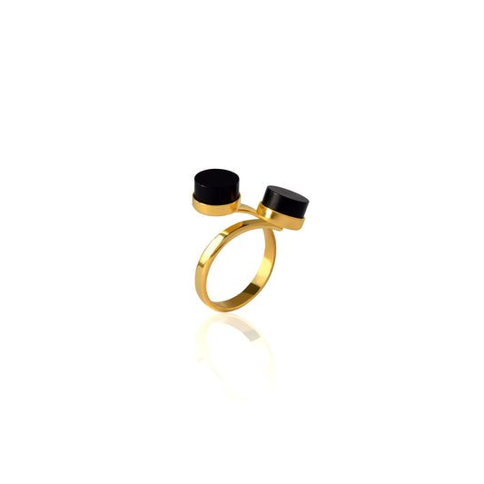 Gold-plated silver double ring with black Baltic amber
