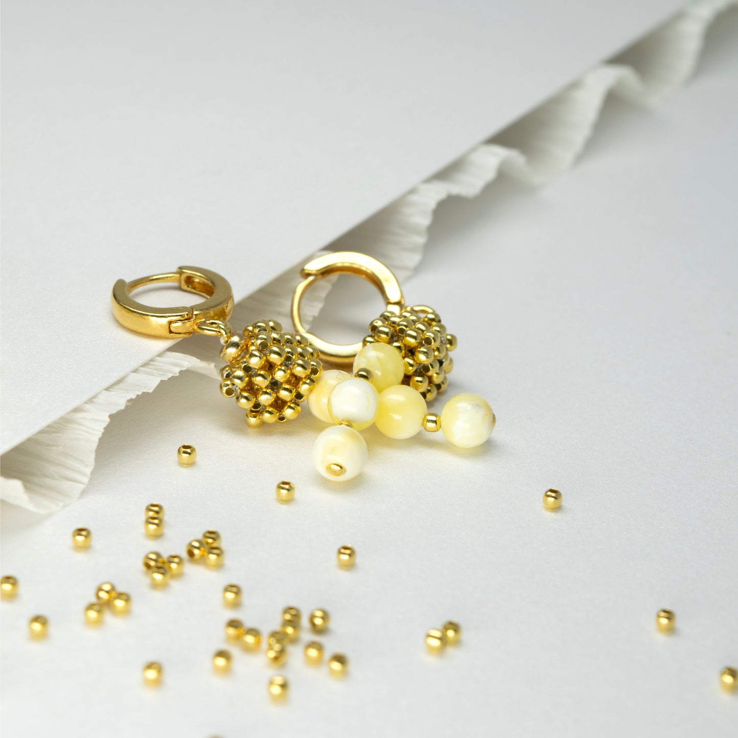 White Amber and Gold Plated Silver Cube Earrings