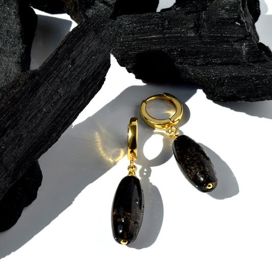 Natural Shiny Black Baltic Amber Earrings