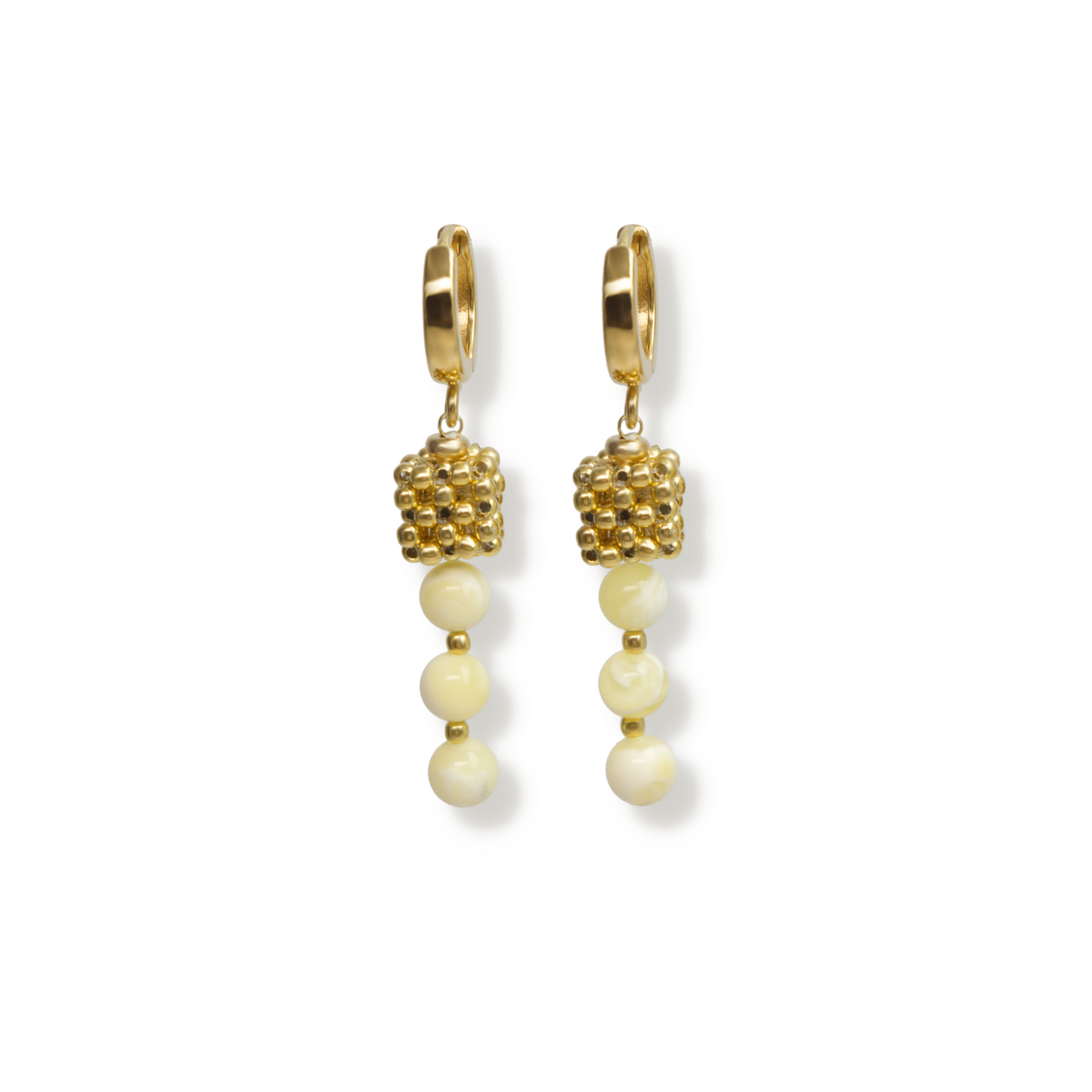 White Amber and Gold Plated Silver Cube Earrings